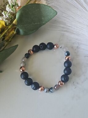 Lava Stone & Rose Gold Accent Stretch Bracelet - Black and Rose Gold